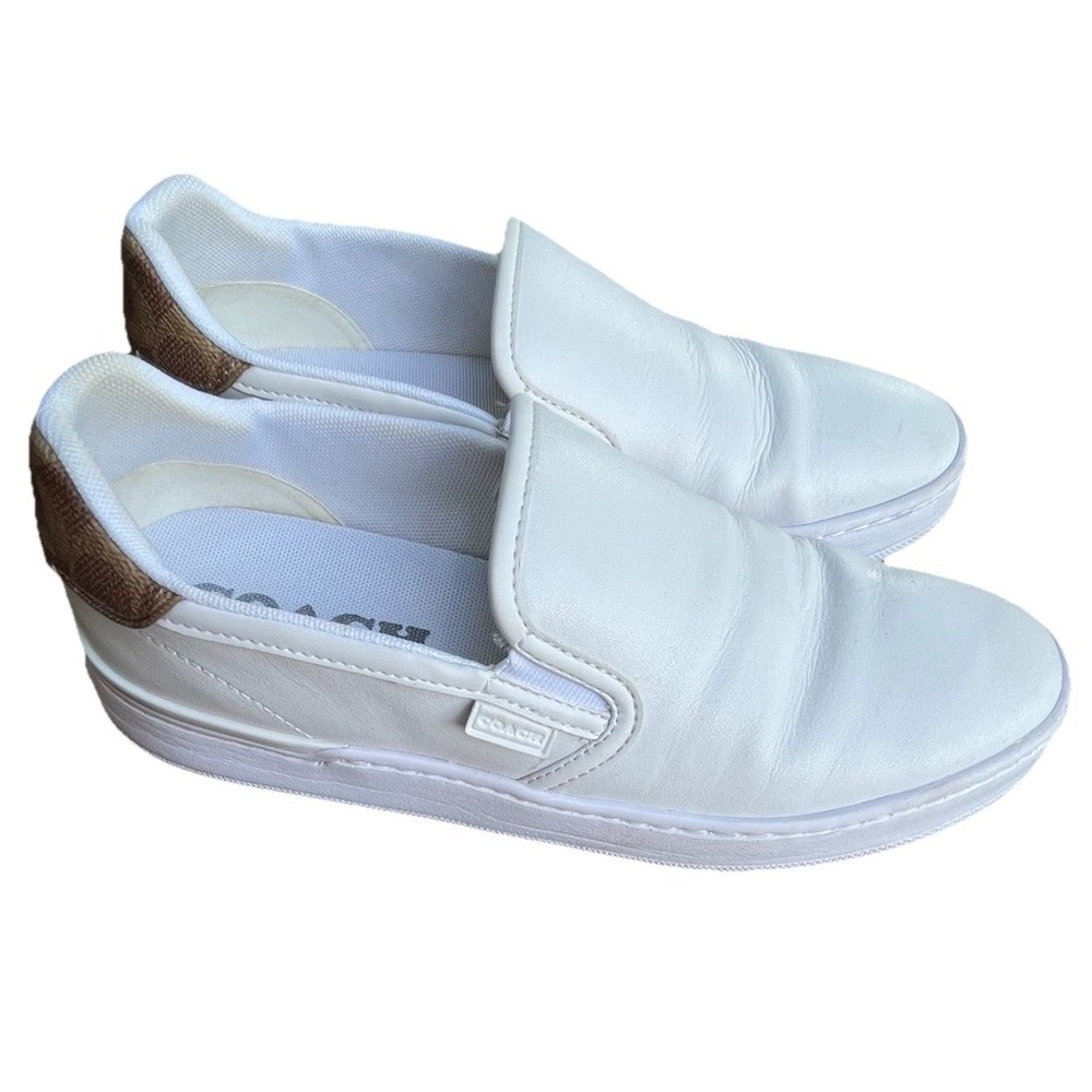 Coach Walker Slip-On Sneakers Women's 9.5B White Leather Monogram‎ Heel EUC